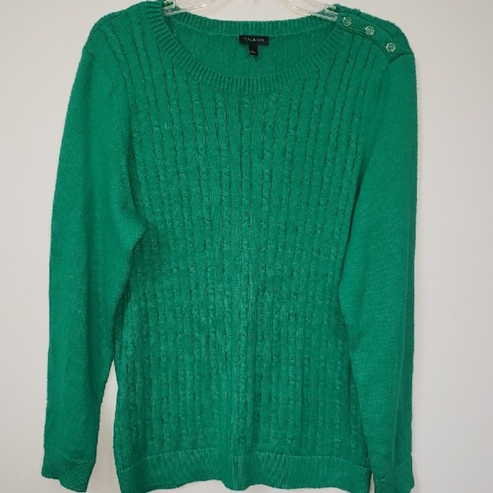 Talbots Sweater Womens L Kelly Green Lightweight Cable-Knit Crewneck Office
